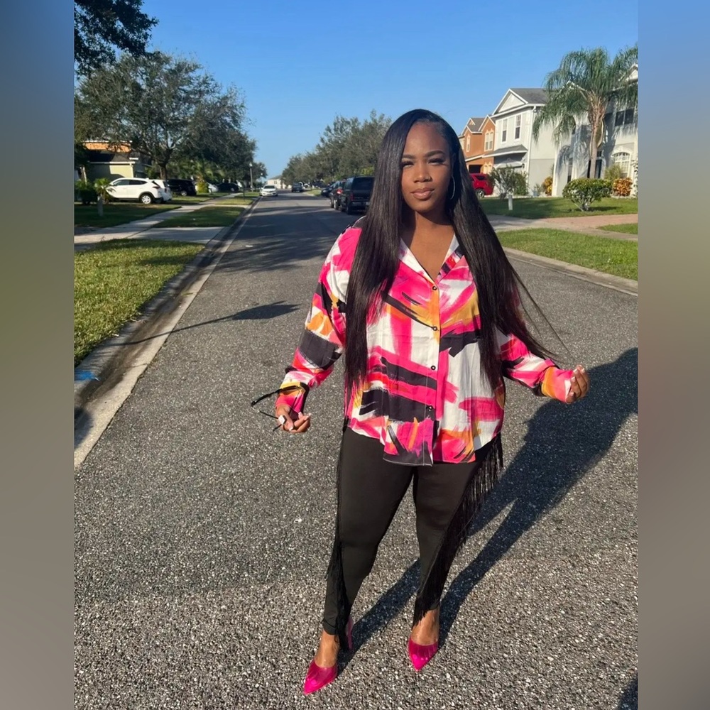printed multicolored blouse plus fringe tights/pants